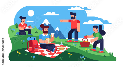 Group Of Friends Enjoying Picnic with Food Nature and Landscape Illustration