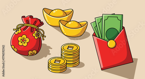 Traditional Chinese New Year Prosperity Symbols Red Envelope Gold Ingots and Coins.