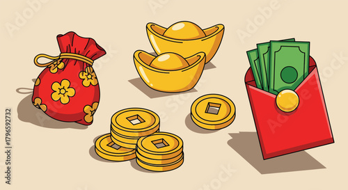 Traditional Chinese New Year Wealth Symbols Red Money Bag Gold Ingots Coins and Red Envelope.