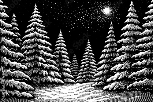 silent snowy forest, illuminating pine silhouettes and transforming the cold landscape into a magical night scene