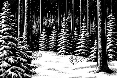 silent snowy forest, illuminating pine silhouettes and transforming the cold landscape into a magical night scene