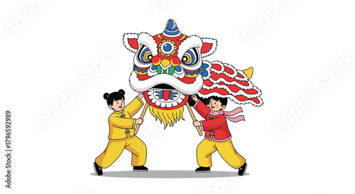 Vibrant Chinese Lion Dance Performance with Two Performers.