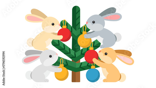 Festive Bunnies Decking: Adorable bunnies gather around a decorated tree, adding ornaments, in a heartwarming display of holiday cheer. Capturing festive spirit.