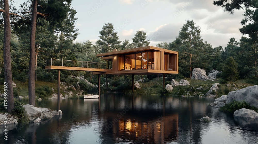 Obraz premium Modern wooden house on stilts over a lake surrounded by lush forest