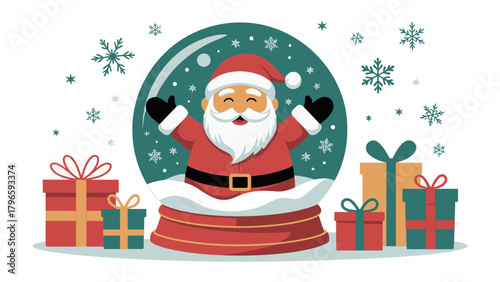 Christmas cheer: A jolly and cute Santa Claus figure emerges from a snow globe, his arms wide in festive glee, surrounded by snowflakes and an array of colorful wrapped gift boxes.