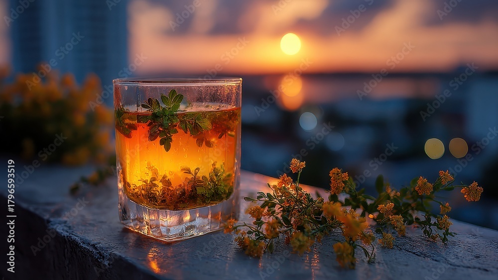 Naklejka premium Refreshing Drink with Herbs and Yellow Flowers on Balcony at Sunset with Cityscape View beverage