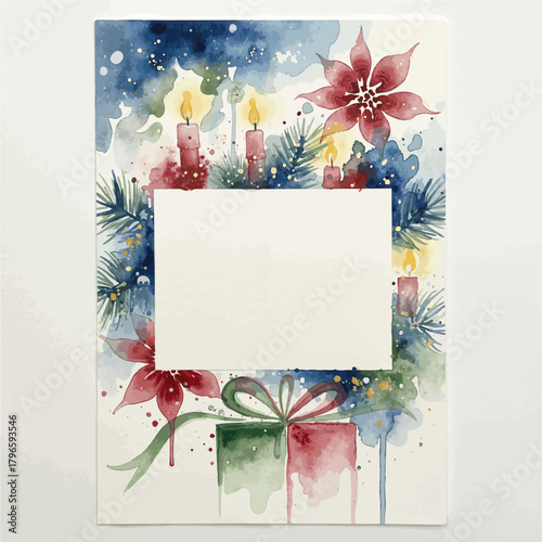 Vector illustration of a Christmas photo frame in bright blue colors , watercolor