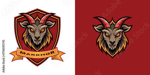 Aggressive markhor goat head with glowing eyes and stylized horns — vector illustration on white background.