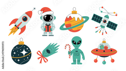 Cosmic Ornaments: A festive collection of space-themed ornaments, including a rocket, astronaut, planets, satellite, and UFO, each radiating a unique charm.
