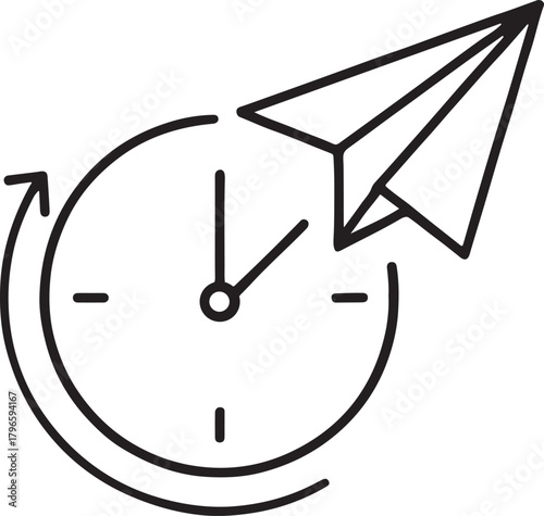 Silhouette paper plane circling clock face symbolizing fast and timely travel service delivery.