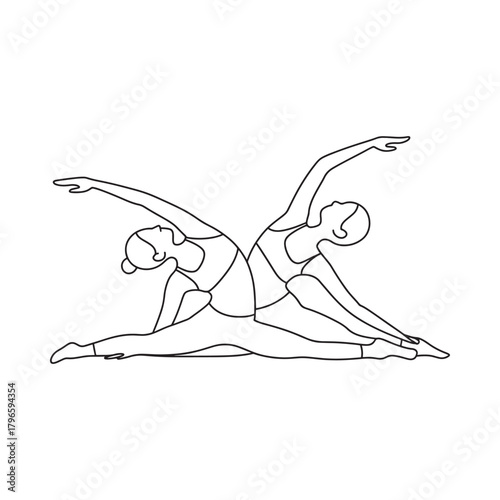 Two women performing a synchronized yoga pose in a split
