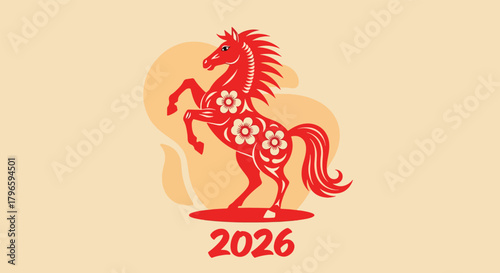 Vibrant Red Horse Illustration with Floral Accents and Year 2026.