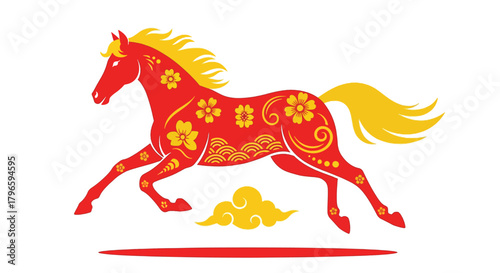 Vibrant Red Horse Illustration with Golden Floral and Cloud Motifs.