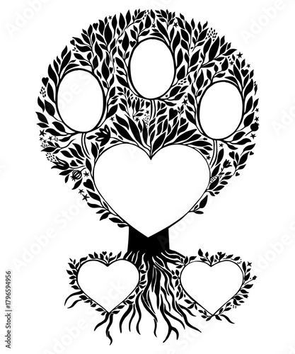 Family genealogic tree. Parents and grandparents, children.  Genealogy, pedigree.  Cartoon character. Family tree with portraits and place for text.  Family Tree template vector illustration