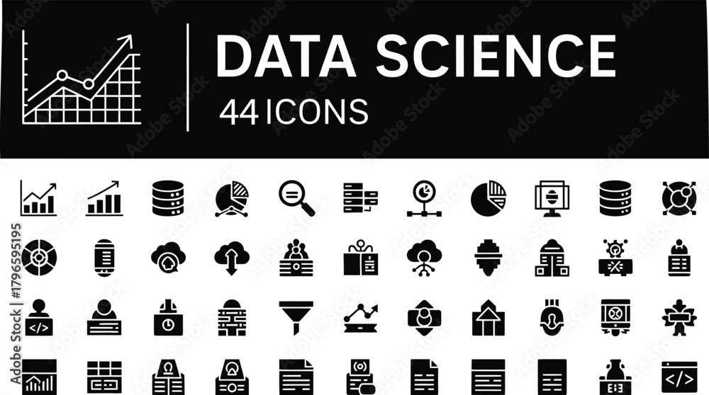 Fototapeta premium Monochromatic and simple set of data science icons, representing big data, machine learning, analytics, database, cloud computing, and statistics concepts, designed in a bold glyph style.