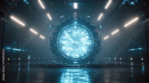 Fototapeta Naklejka Na Ścianę i Meble -  Futuristic portal in dark industrial space