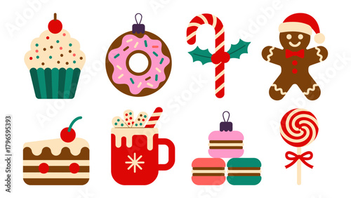 Festive Treats: An array of whimsical and delicious Christmas-themed treats come to life with vibrant colors and joyful spirit, perfect for holiday greetings and designs.