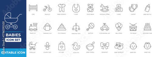 Babies, feeding, and care elements icon set.