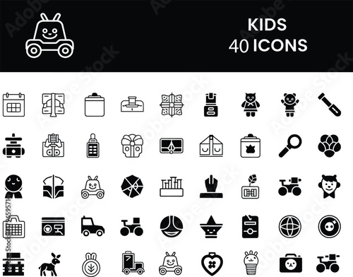 Simple set of kids and children icons, representing toys, games, education, childhood, play, and baby concepts, designed in a bold glyph style.