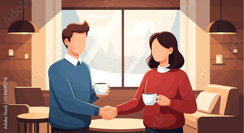 A flat design vector illustration depicting a professional networking event inside a warm winter lodge, characteristic of a film festival in a snowy location. 