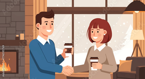 A flat design vector illustration depicting a professional networking event inside a warm winter lodge, characteristic of a film festival in a snowy location. 