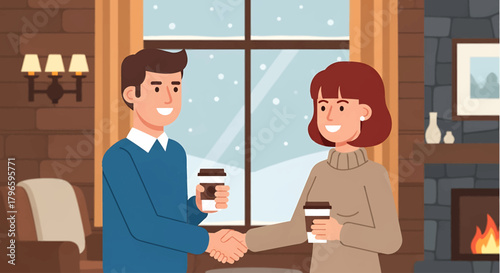 A flat design vector illustration depicting a professional networking event inside a warm winter lodge, characteristic of a film festival in a snowy location. 