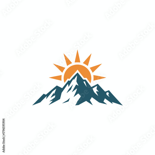 A graphic featuring a mountain range with a radiant sun peeking over the peaks