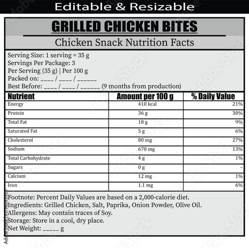 Grilled Chicken Snack Nutrition Facts Label With Ingredients food