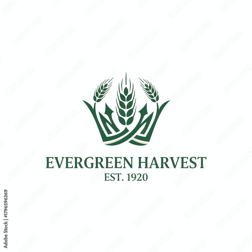 Fototapeta premium A logo features wheat stalks within a crown-like design above text, all in green and white on a white background