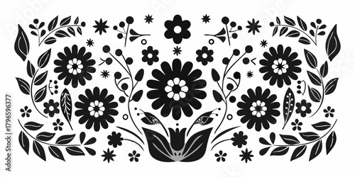 Black and white folk art floral pattern with stylized flowers and leaves on a white background