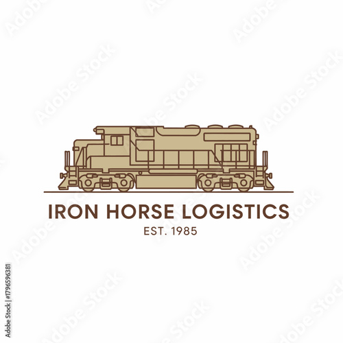 A tan-colored freight locomotive illustration with dark outline and text on white background