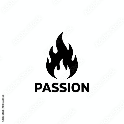 A monochrome illustration of a flame symbol above the word "PASSION" in a bold, sans-serif font