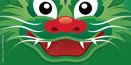 Close up of a stylized green dragon face with large white eyes and a red nose and mouth