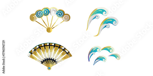 Traditional japanese fans and stylized waves in gold blue and white on black background