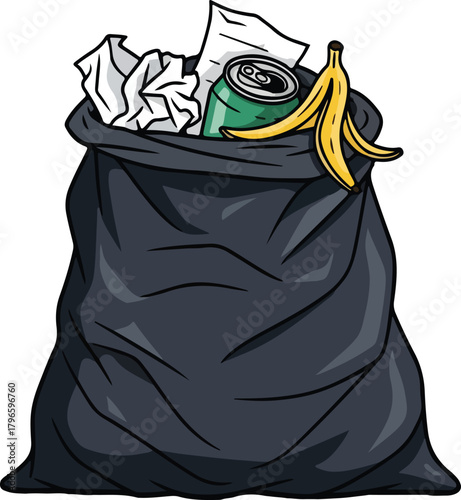 A black garbage bag filled with crumpled paper, a green can, and a banana peel, overflowing.
