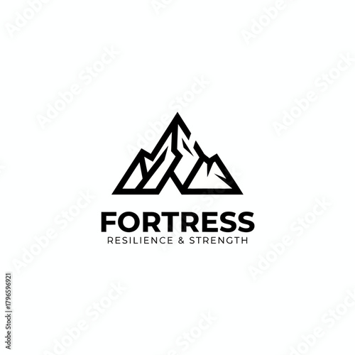 A geometric mountain range graphic, with bold text below. Underneath, a smaller tagline is present