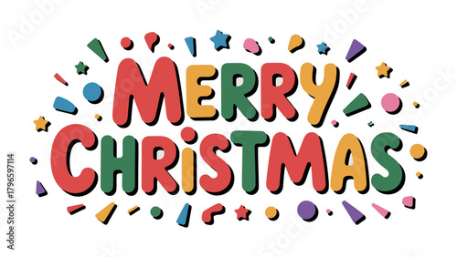Festive Christmas Typography: A vibrant graphic design spells out 'Merry Christmas' in playful, colorful letters, enhanced with celebratory embellishments for holiday cheer.