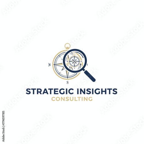 A compass with a magnifying glass logo over text; the compass in blue, gold with black details on white background