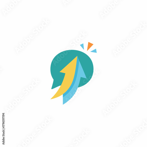 A graphical representation featuring a teal speech bubble with two upward-pointing arrows, vibrant