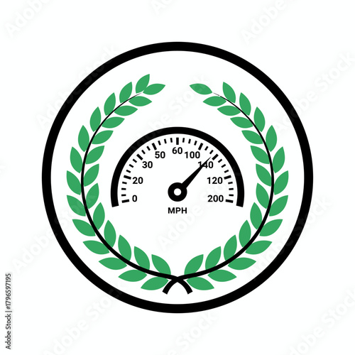 A circular illustration showcases a speedometer within laurel wreath and a black border on a white background