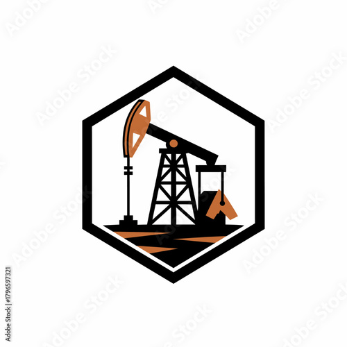 A geometric oil derrick illustration, with orange and black components, inside a hexagon frame