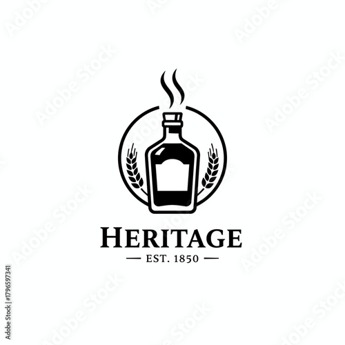 A classic black and white logo with a liquor bottle, wheat, steam, and text
