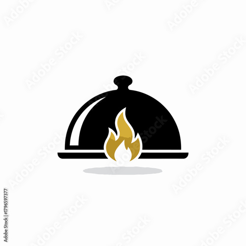 Black serving dish with golden flames graphic, shadow below on white background, simple and elegant