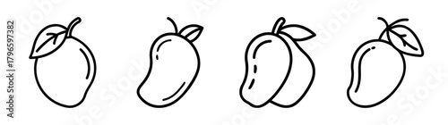 Set of four sketched mangoes with leaves and stems in a simple line drawing style