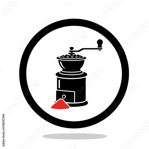 Icon depicting a manual coffee grinder in black within a circle, with a pile of red coffee grounds