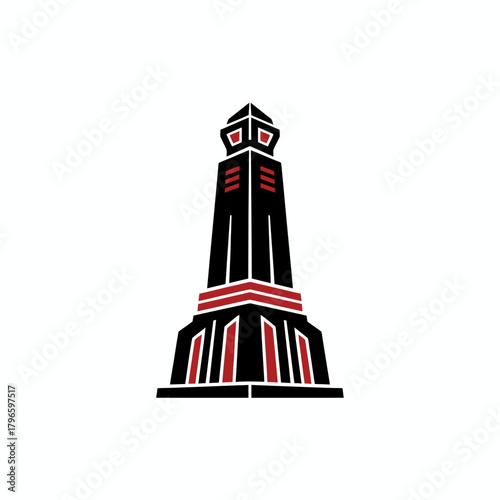Stylized tall structure, black with red accents, geometrical design on white background