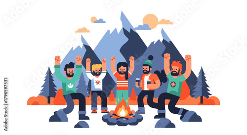 Group Of Friends Enjoying The Mountains And Bonfire At Night, Celebrating Together