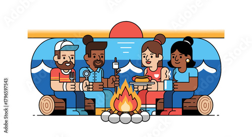 Group Of Friends Enjoying The Sunset By The Campfire With Food And Drinks