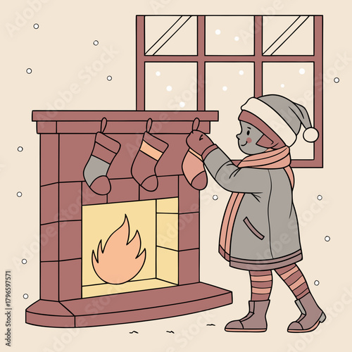 Child hanging christmas stockings by the fireplace on a snowy day