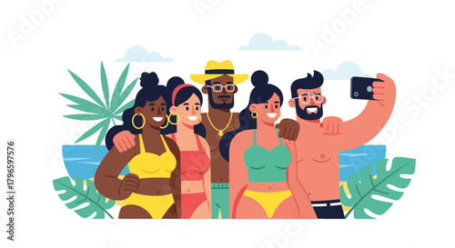 Group Of Friends Enjoying Themselves At Beach Taking A Selfie Together